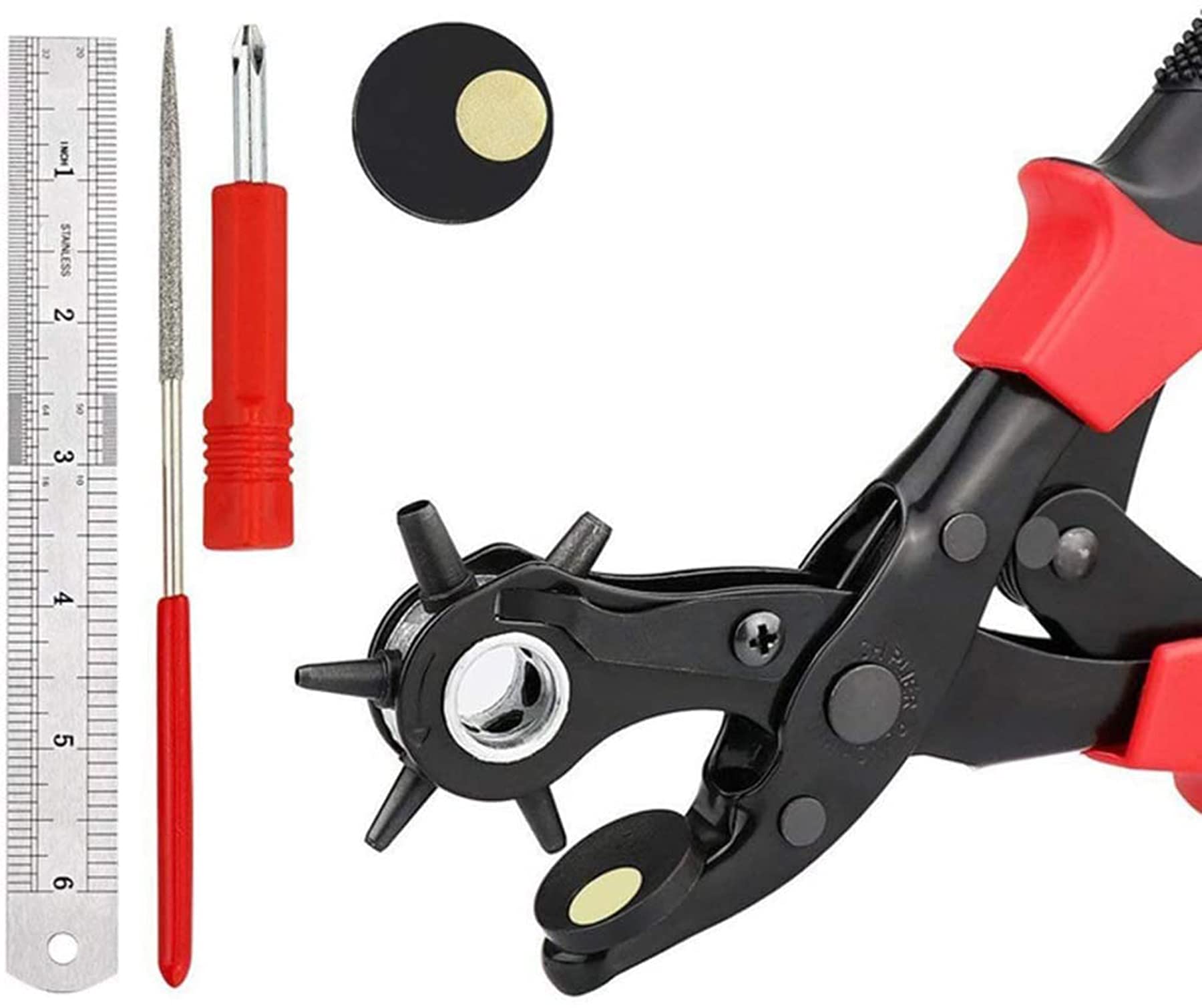 Leather Hole Punch Set, Upgraded Version Set, for Belts, Watch Bands, Dog Collars, Shoes, Fabric, DIY or Craft Projects, Super Heavy Duty Rotary Puncher, Multi Hole Sizes Maker Tool