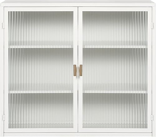Miniatura 5 de Armario de pared de doble puerta de vidrio estilo retro con estantes desmontables para oficina, comedor, sala de estar, cocina y baño, color blanco