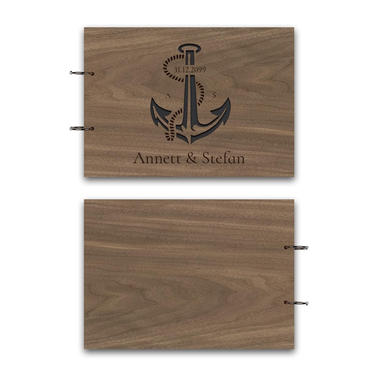 Personalisiertes Hochzeit Fotoalbum echtes Holz DIN A4 Hochzeitsbuch mit Lasergravur - Anker - mit 25 Blatt / 50 Seiten Fotokarton Schwarz