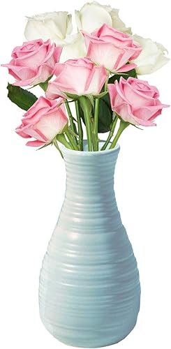 Florero irrompible para flores, jarrón de plástico con aspecto de cerámica para decoración del hogar, sala de estar, mesa (azul concha)