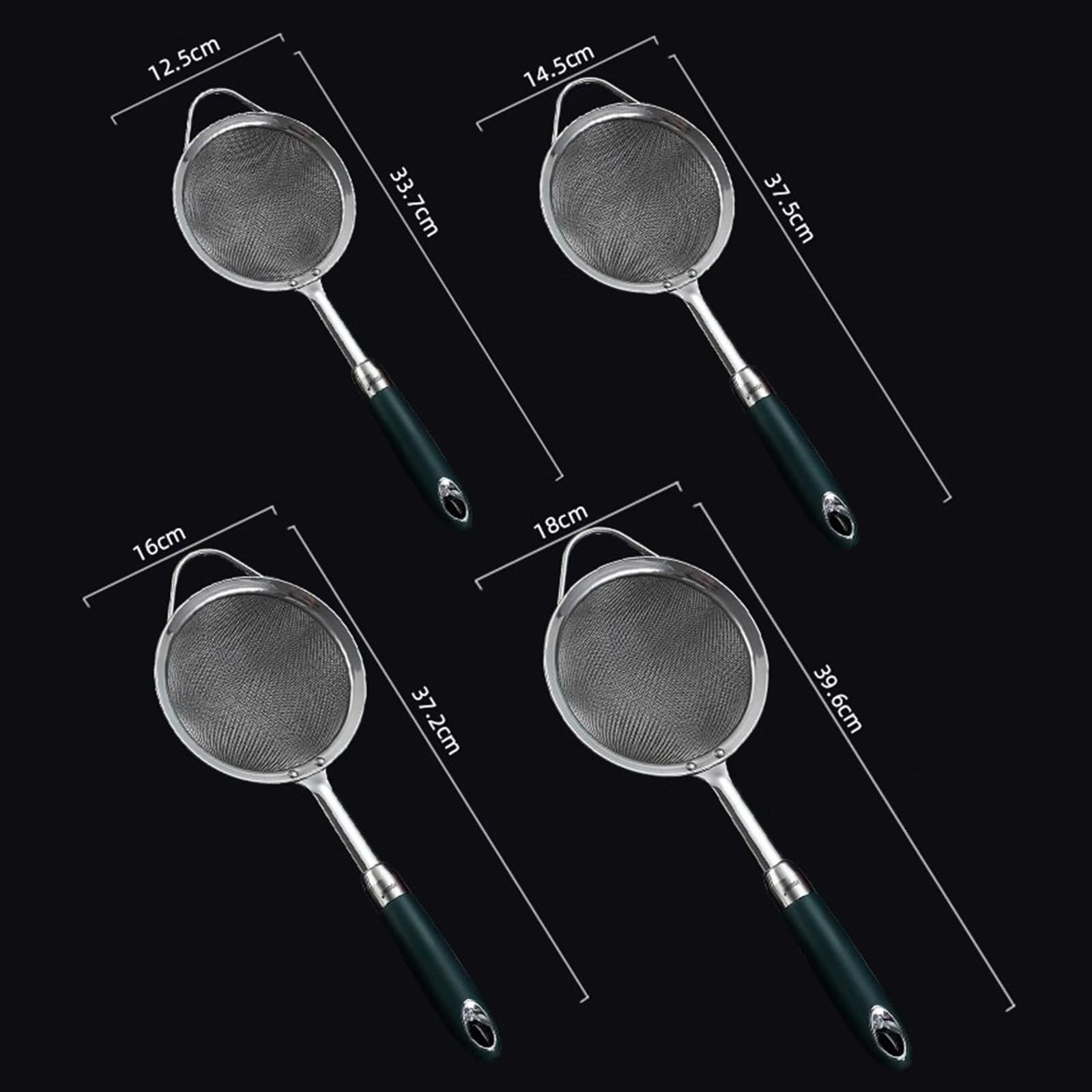 Tamiz de harina de acero inoxidable, juego de 4 tamices de acero inoxidable de 12,5/14,5/16/18 cm, tamiz de malla fina, tamiz doméstico con asa para colar o drenar