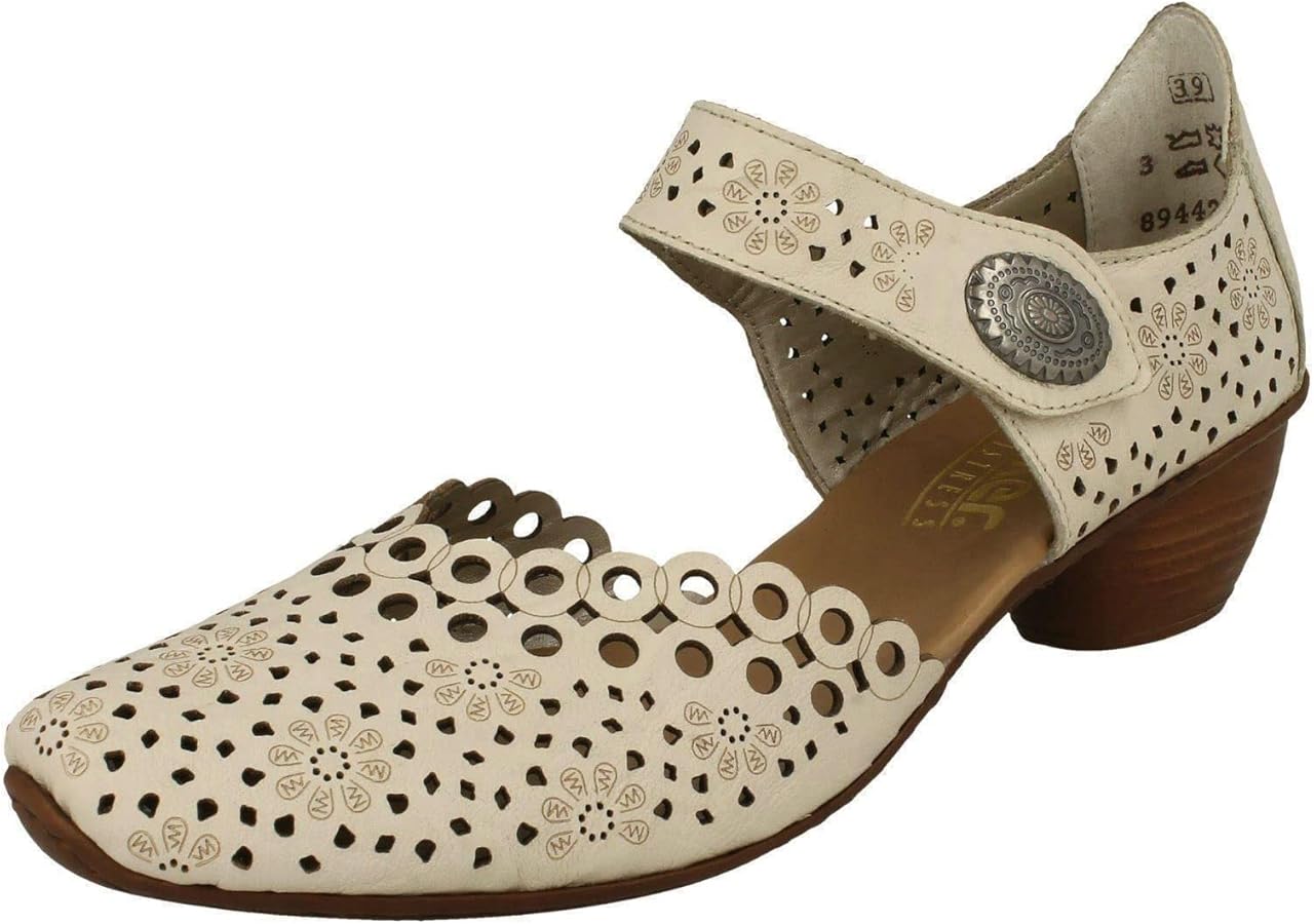 Amazon.com | Rieker 43753 Mirjam Women's Mary Jane Heels - Low-Heel Leather  Shoes with Adjustable Ankle Strap & Laser-Cut Design