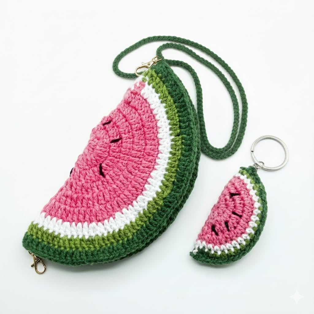 Handmade Crochet Watermelon Sunglass Holder Pouch with Matching Keychain – Soft Yarn Eyeglass Case & Cute Fruit Keychain Set for Women, Girls & Kids