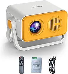 Projetor Portátil 4K Mini com Suporte Duplo 360° - Projetor de Cinema em Casa com Foco Automático AI, Bluetooth 5.0, Compatível com HDMI/USB/Telefone/TV Stick para Filmes e Jogos ao Ar Livre (Amarelo)