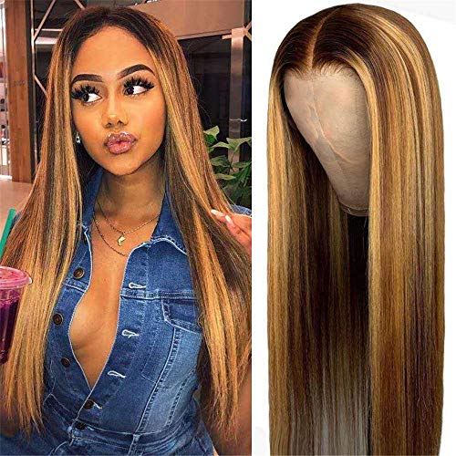 Straight Synthetic Non Lace Front Wigs For Black Women Long Straight Highlight Wigs Middle Part Honey Blonde Highlights Hair Wigs Natural Looking Heat Resistant Fiber Daily Cosplay Party