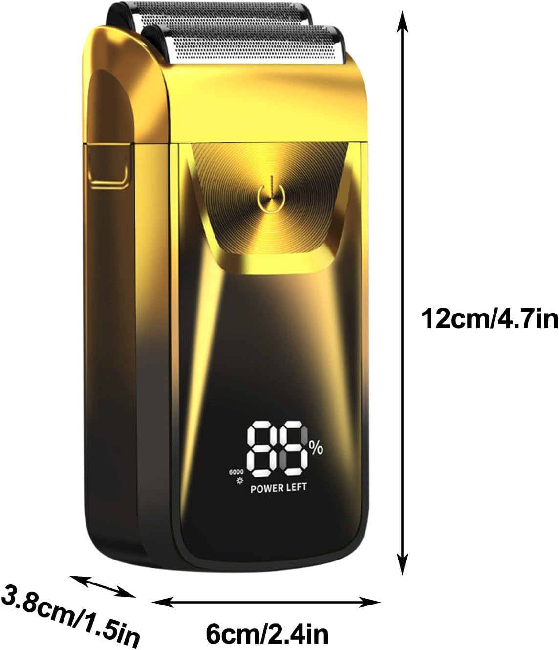 Diagram showing the dimensions of the electric shaver: 12cm (4.7in) in height, 6cm (2.4in) in width, and 3.8cm (1.5in) in depth.