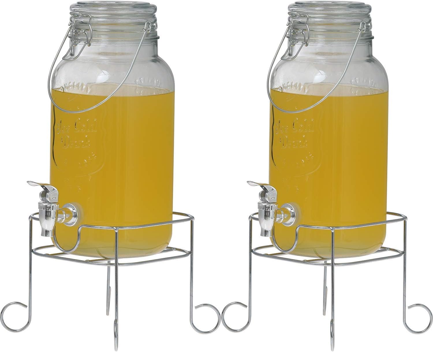 Clic-And-Get - Glass Drinks Dispenser - with Stand and Tap - Embossed Lettering Glass Lid - Water Dispenser - Juice Dispenser - Drinking Dispenser - 2 x 4 L dispenser + stand.