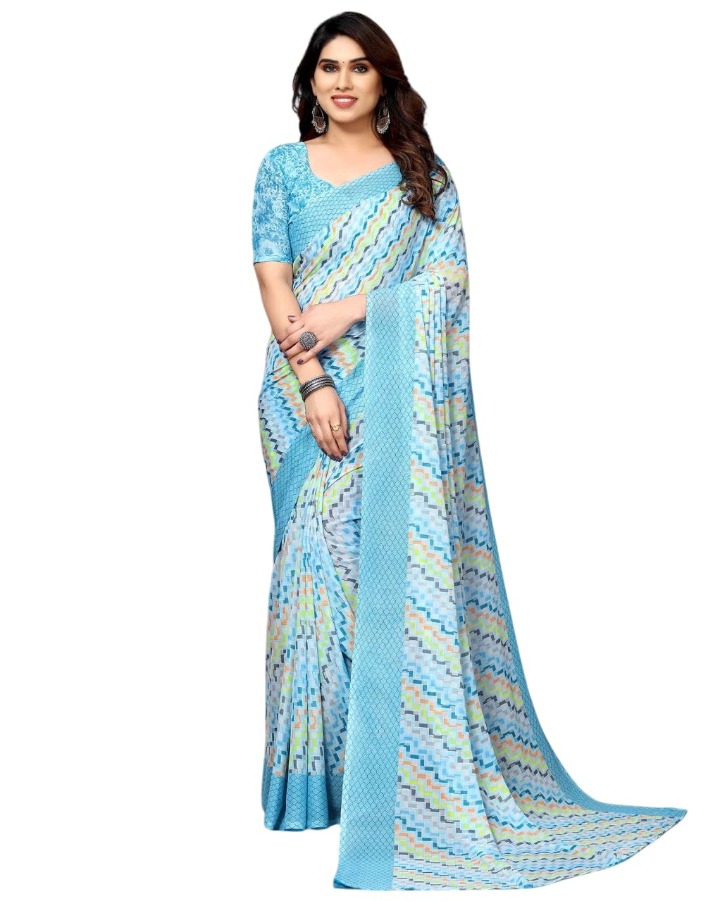 Shiv Textiles Women's Georgette Geometric Saree(250S102_Light Blue)
