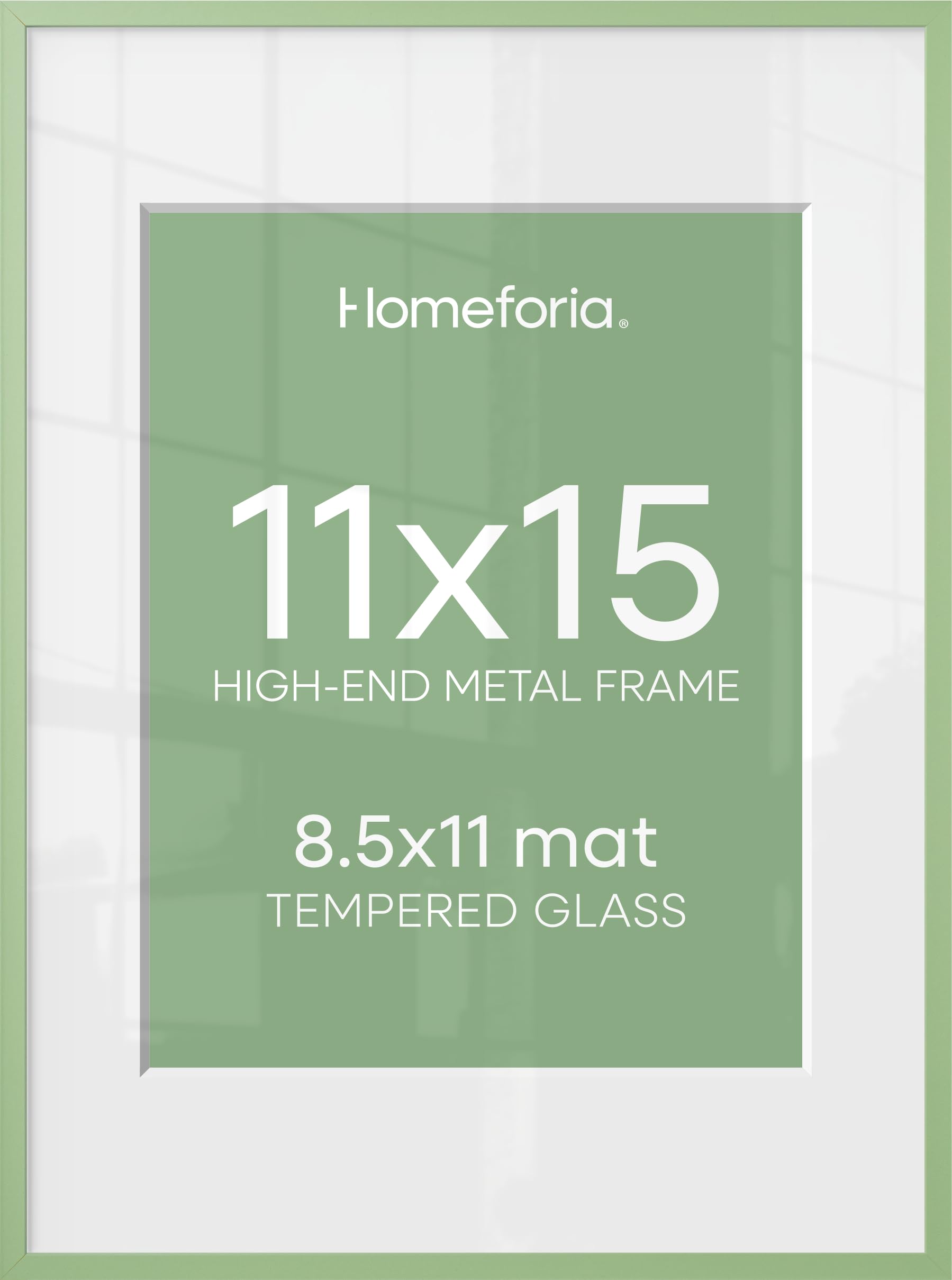Homeforia 11x15 Green Picture Frame, High-End Metal, 8.5x11 Mat, Glass | High End Aluminum, Tempered Glass, Acid-Free 8.5x11 Removable Mat, 11x15 in Edge-to-Edge Display 15x11, Wall Kit, Set Of 1