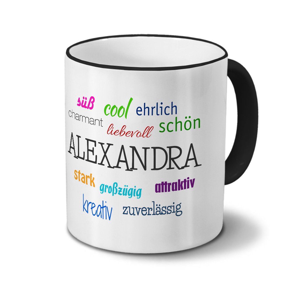 Printplanet Schwarze Namenstasse 'Alexandra' – Mit Painted Heart Motiv, 325 Ml, Spülmaschinenfest, Personalisiert