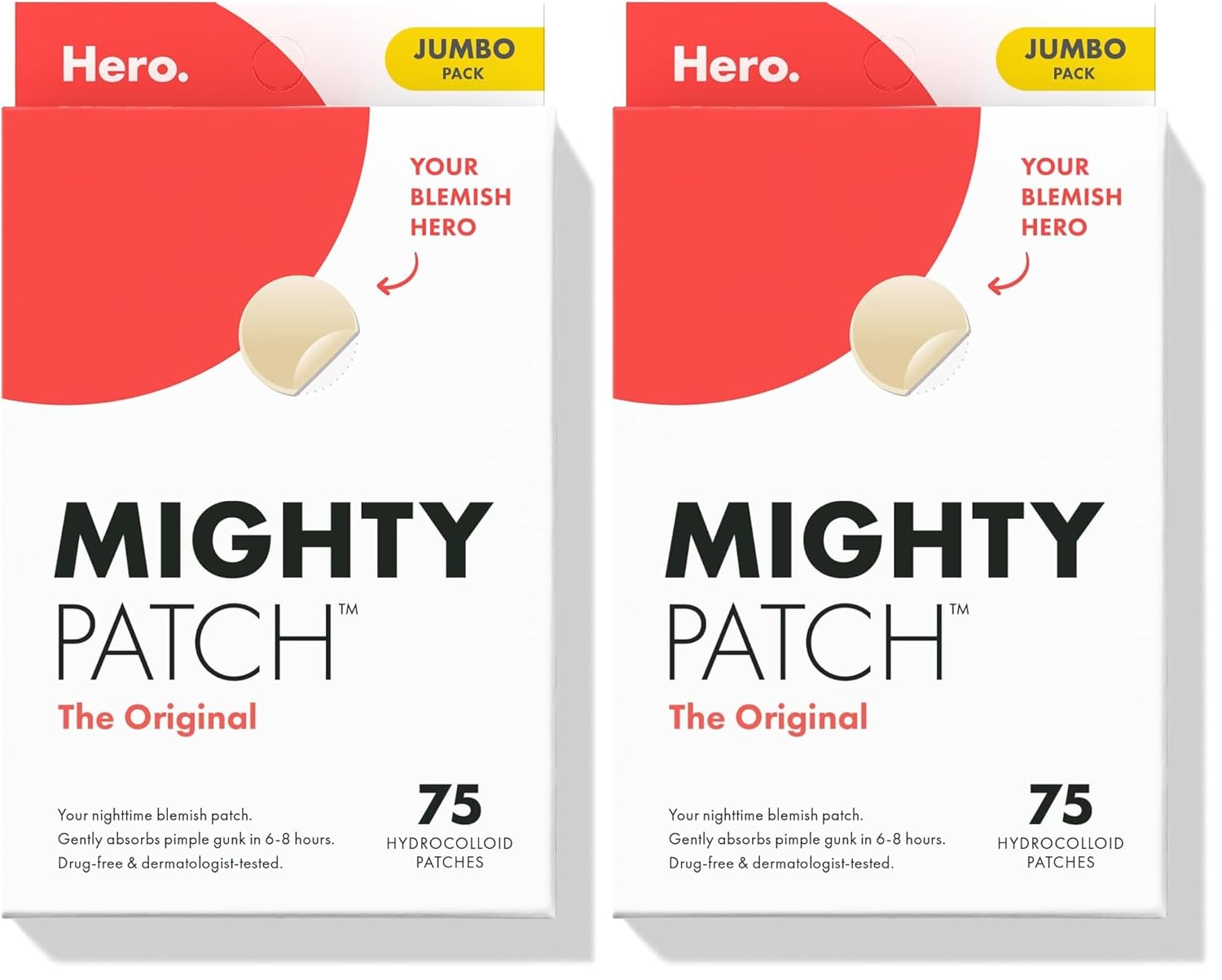Mighty Patch Original Patch from Hero Cosmetics - #1 Hydrocolloid Acne Pimple Patches for Face, Shrinking Zits & Whiteheads in 1 Use, Nighttime Spot Pimple Stickers for Face, 75 Count (Pack of 2)