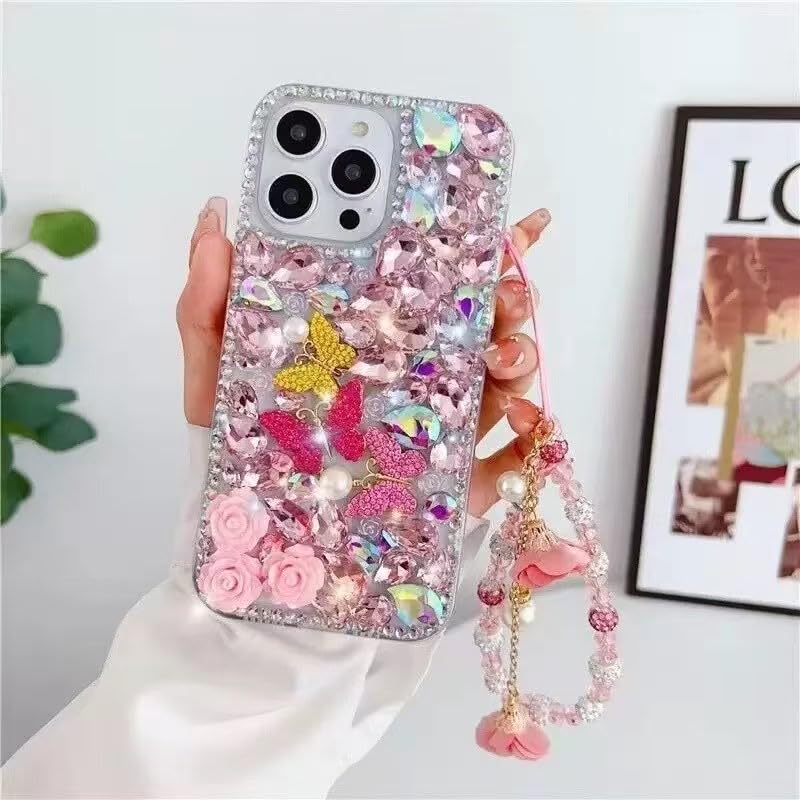 AQZBIAIOU for Samsung Galaxy S25 Edge Bling Sparkle Case with Wristband Bracelet,3D Glitter Butterfly Flower Diamond Rhinestone Pearl Women Girls Phone Case for Samsung Galaxy S25 Edge,Pink