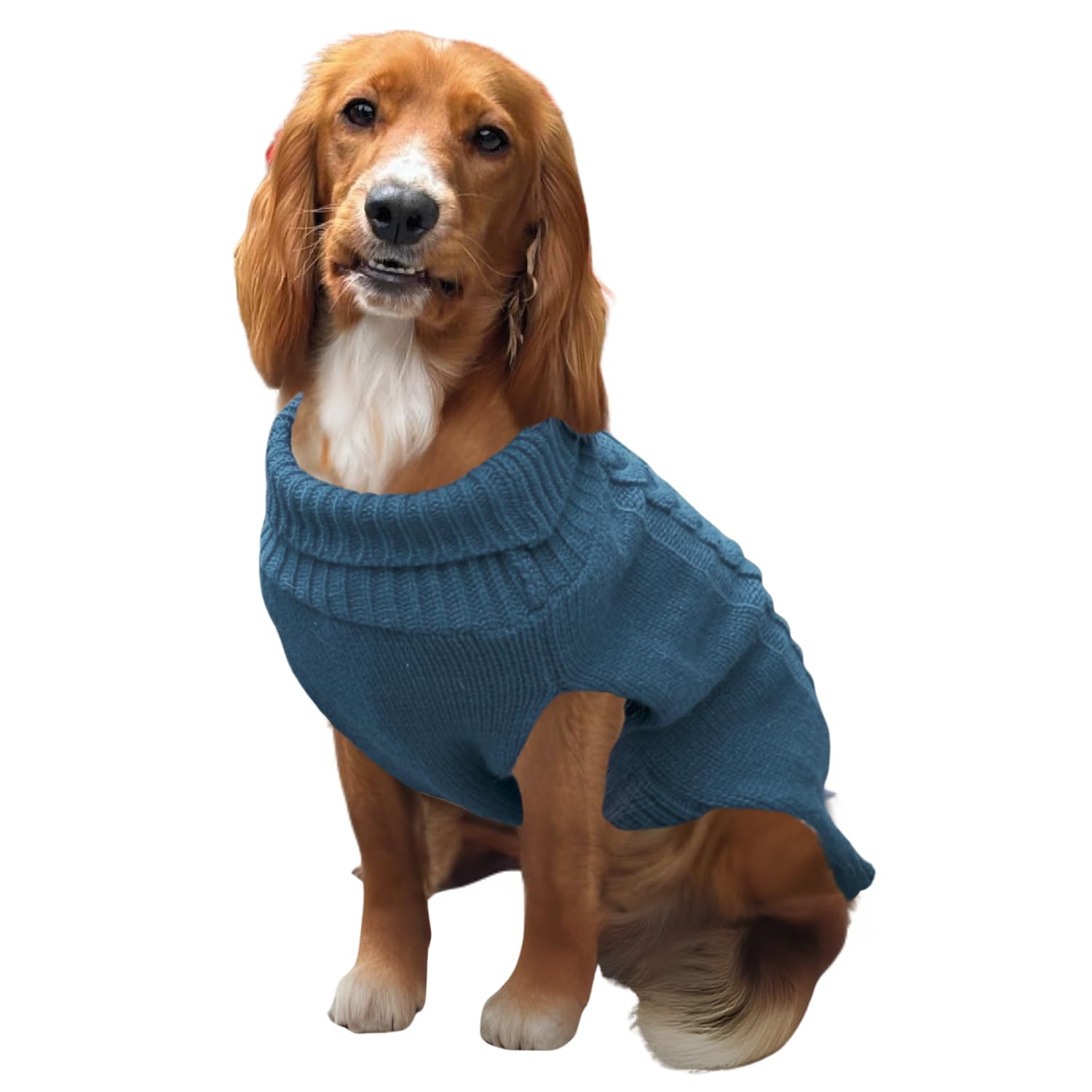 HugglePets Cable Knit Winter Dog Jumper - Navy Blue (Medium 40cm) Deep Weave Dog Clothes with Under Body Protection, Short Sleeve Fit & Collar Hole. Machine Washable Sweater for Dogs & Pets.