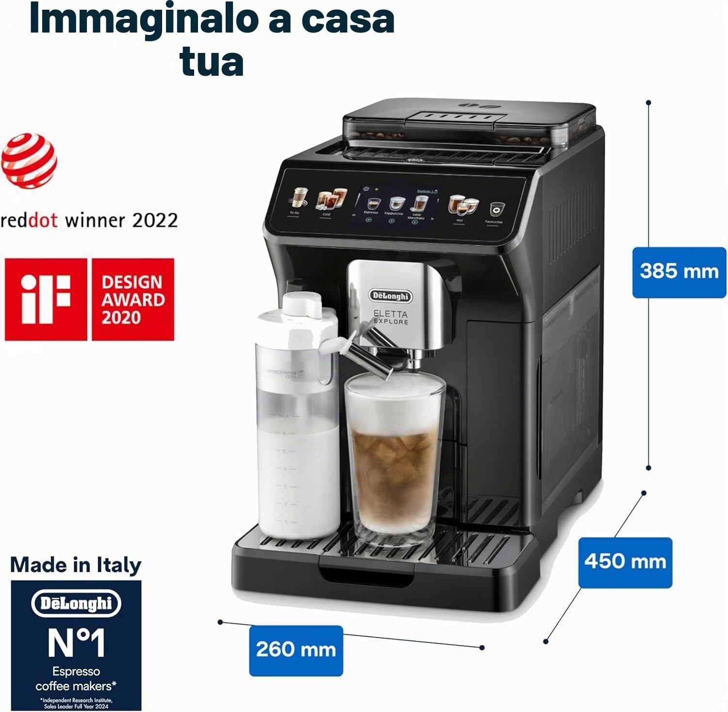De'Longhi Eletta Explore Cold Brew ECAM450.65.G, Macchina Caffè Barista con Sistema LatteCrema Hot-Cold, Macchina Espresso Automatica per Chicchi di Caffè, Estrazione Fredda, Display Touch, Grigio