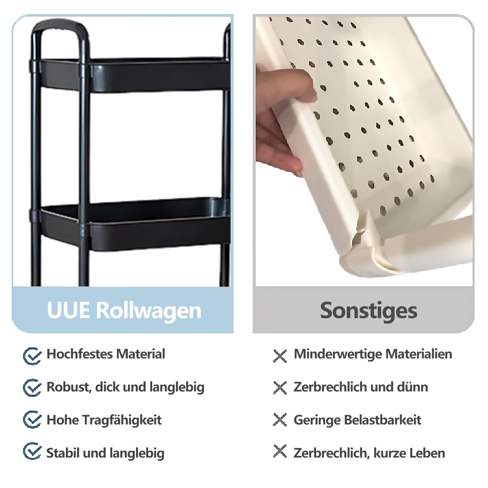 UUE Küchenwagen mit 4 Ebenen, Nischenwagen mit 4 Haken, Rollwagen Nischenregal auf Rollen, platzsparendes Badregal und Küchenregal für Wohnzimmer, Schlafzimmer, Bad, 100 x 36 x 24cm (Schwarz)