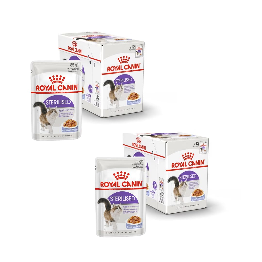 Royal Canin Feline Sterilised | Pack Double | 2 x 12 x 85g | Aliment Complet pour Chats Adultes castrés | Petits Morceaux en gelée | A partir de 12 Mois