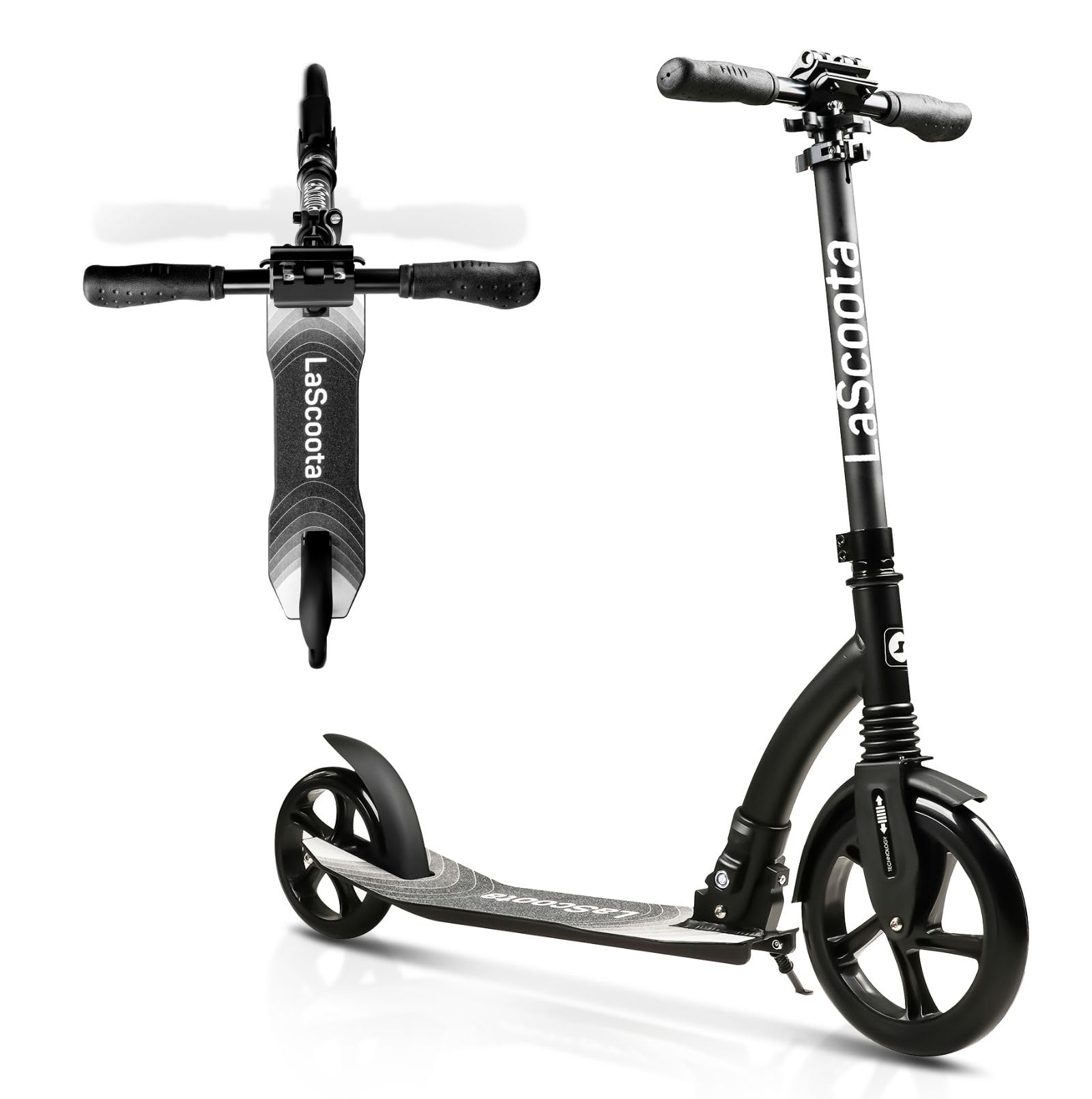 LaScoota Foldable Adult Scooter - Also Great as a Scooter for Kids Ages 8-12 & Teenagers 11-15 - Big 200mm Wheels - Kick Scooters With Shock Absorption - Great Gift - Up to 105kg (Black)