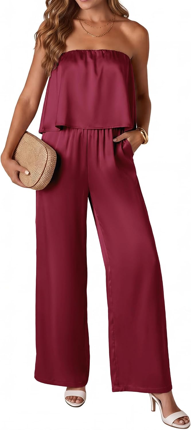KIRUNDO Jumpsuits For Women Dressy 2026 Summer Satin Strapless Romper Flowy Tube Top Spring One Piece Vacation Outfits