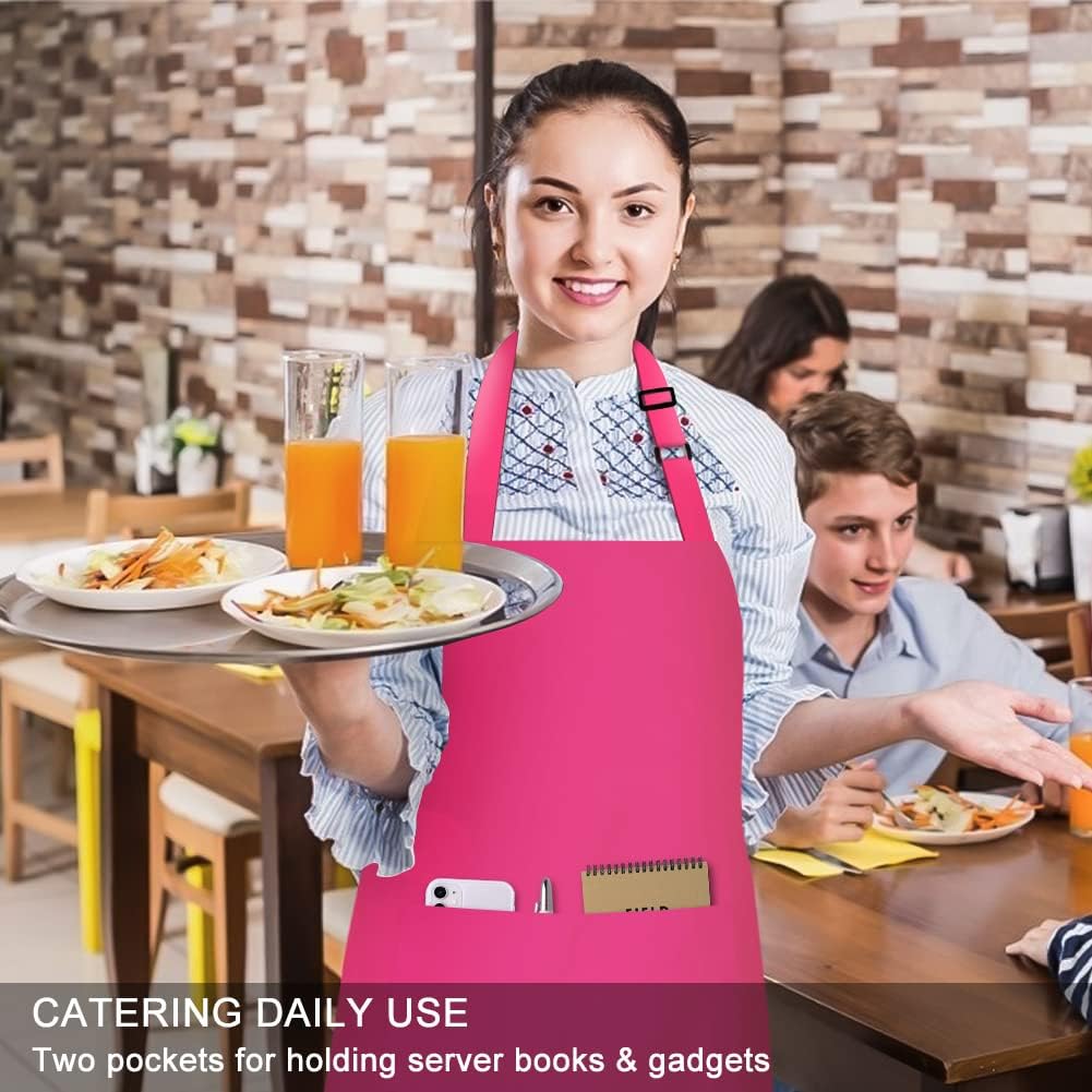 Jubatus 2 Pack 100% Cotton Aprons with 2 Pockets Cooking Chef Kitchen Adjustable Bib Apron for Women Men, Hot Pink - Image 5