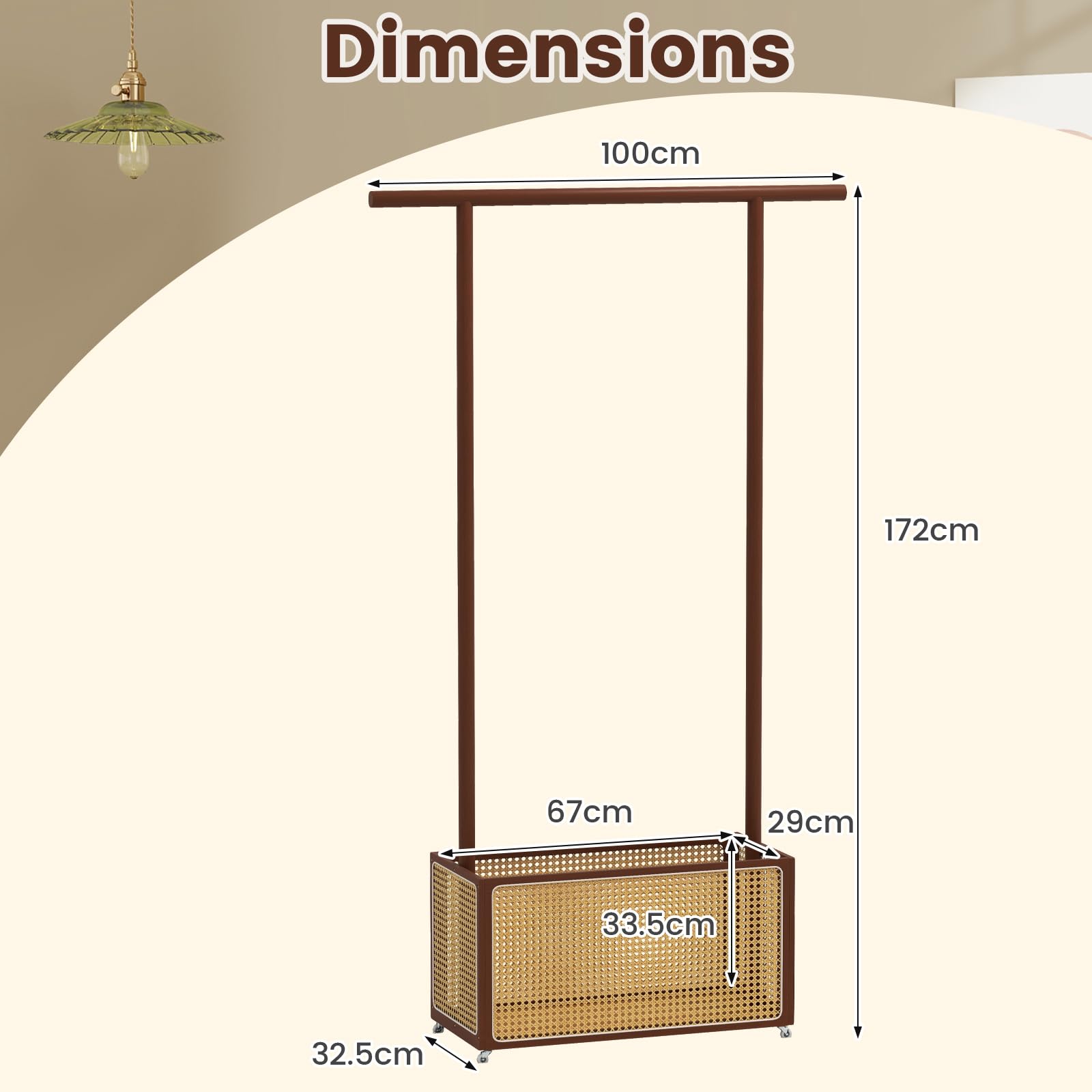 GIANTEX Burro Ropa con Ruedas, Perchero de Pie de Bambú con Cesta de Almacenamiento de Ratán y Barra de Colgar, Estilo Rústico, 100x32,5x172cm, Organizador de Ropa para Entrada, Dormitorio (Marrón)