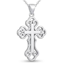 Small Orthodox Cross Necklace for Women 925 Sterling Silver, Rhodium Plated | Dainty Openwork Baptismal Cross Pendant with 18" Chain, Waterproof, Non Tarnish, Christian Religious Gift