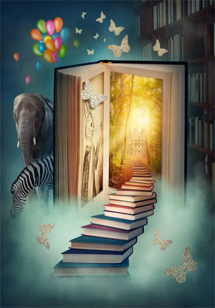 AOFOTO 7x10ft Fantastic Magic Books Backdrop Fairy Tale Photography Background Bookshelf Animals Kid Girl Little Boy Artistic Portrait Dreamy Photo