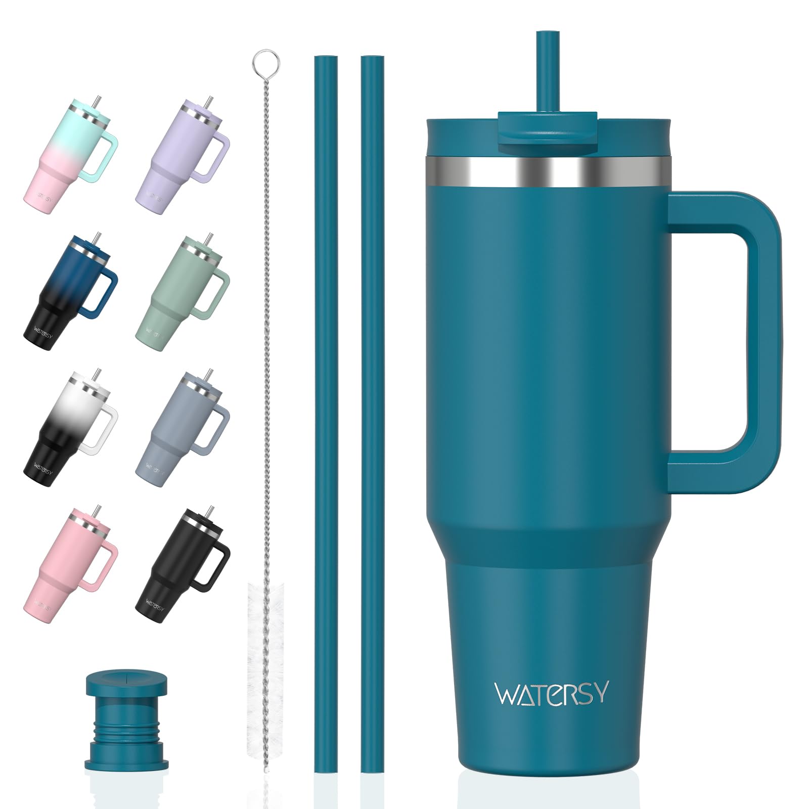 WATERSY 1.2L Thermobecher mit 2 Strohhalmen, Trinkbecher Auslaufsicherer Kaffeebecher To Go Vakuum-Isoliert mit BPA frei Schraubdeckel, Trinkflasche Kühlt 12 Stunden,Lagune