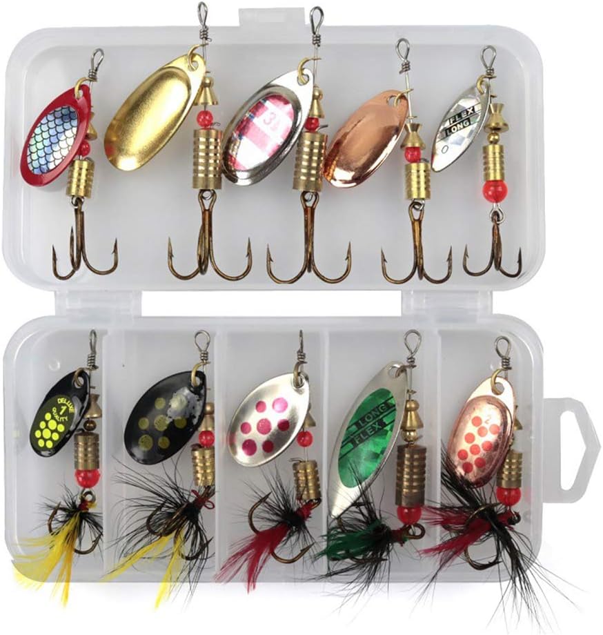 10Pcs/Set Sequins Spinner Fishing Lures with Hook, Lifelike Rotating Metal Spinner Bait Crankbaits Set Fishing Tackle Sharp Treble Hooks(10pcs)
