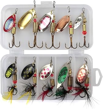 Fishing Lures Spinners Baits Spinnerbait Set with Box for Trout Salmon Bass, Pack of 10