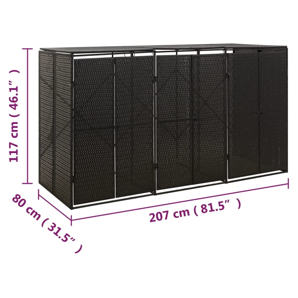 vidaXL Abri pour Poubelle Triple Noir 207x80x117 cm Résine tressée, Stockage de Poubelle à Roue Unique, Couvercle pour Poubelle, abri pour Poubelle à Roue Unique