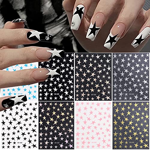 8 Sheets Star Nail Art Sticker 3D Shiny Glitters Starlight Nail Decals Holographic Irregular Pentagram Black White Pink Lase Stars Gold Design Decal Slider Nail Foil Diy Charms Manicure Decoration #TOP6