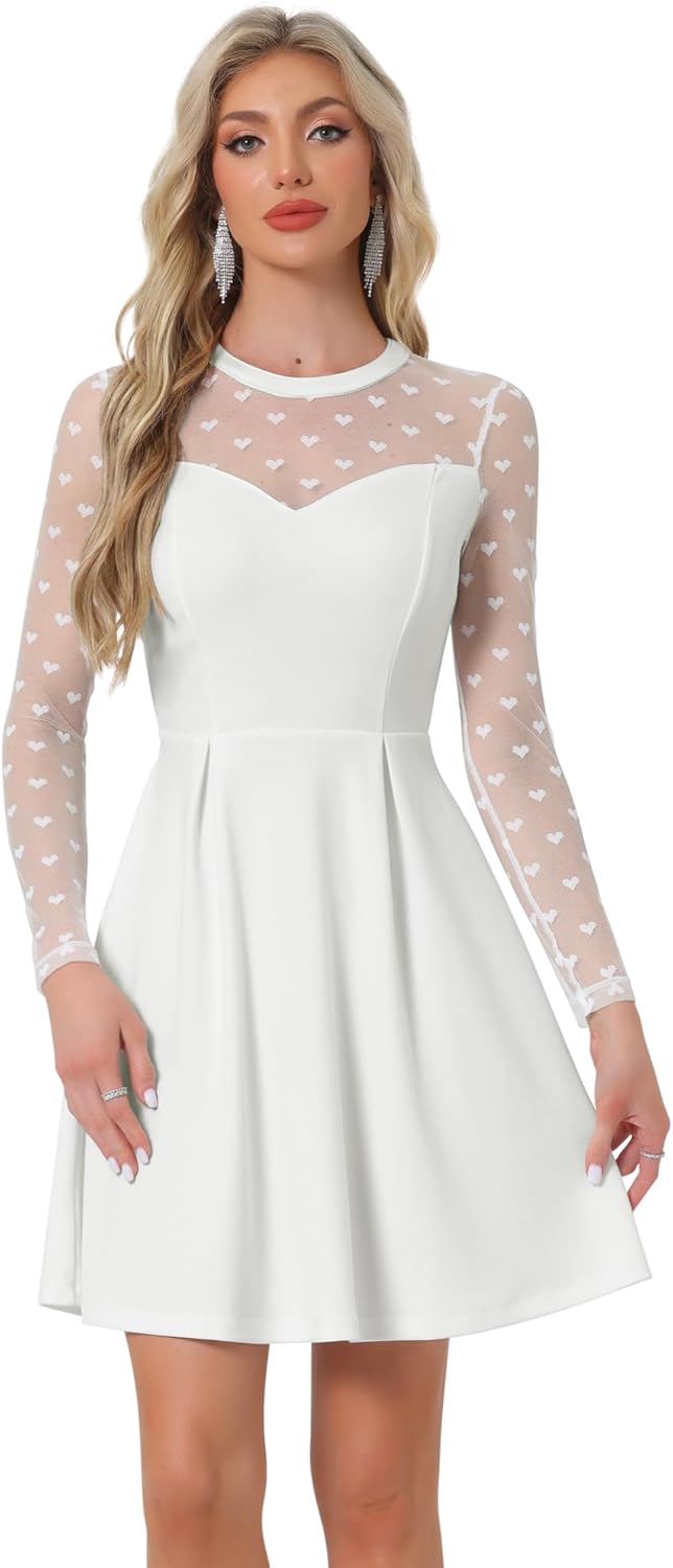 Allegra K Women's Heart Mesh Sheer Long Sleeve Gothic Cocktail Wedding Guest Skater Party Short Dress