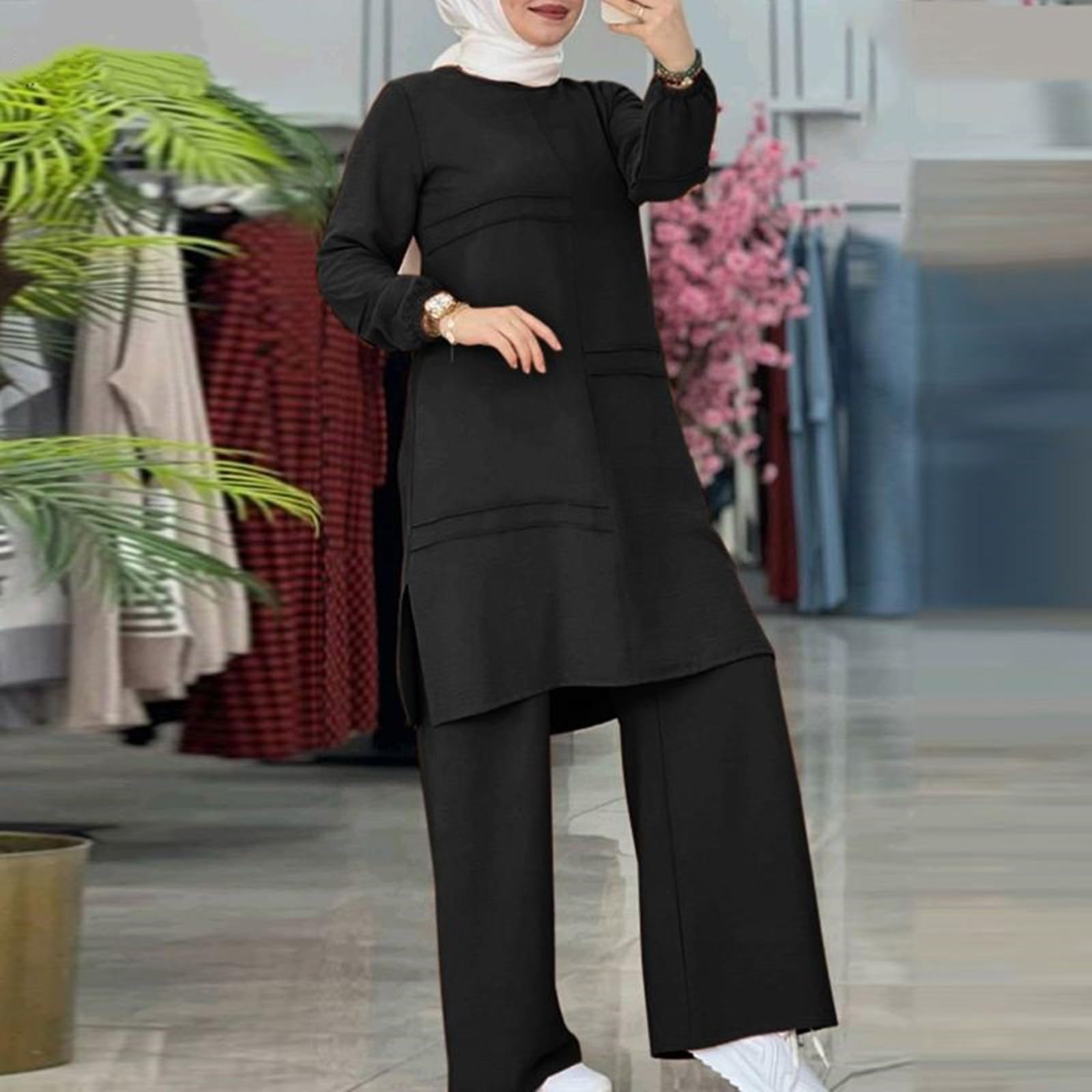 Generisch Ensemble 2 pièces musulmanes dos sur le mur pour femme, chemise à boutons à manches longues, pantalon Abaya, robe décontractée, tenue Dubaï, voile de mariée perles