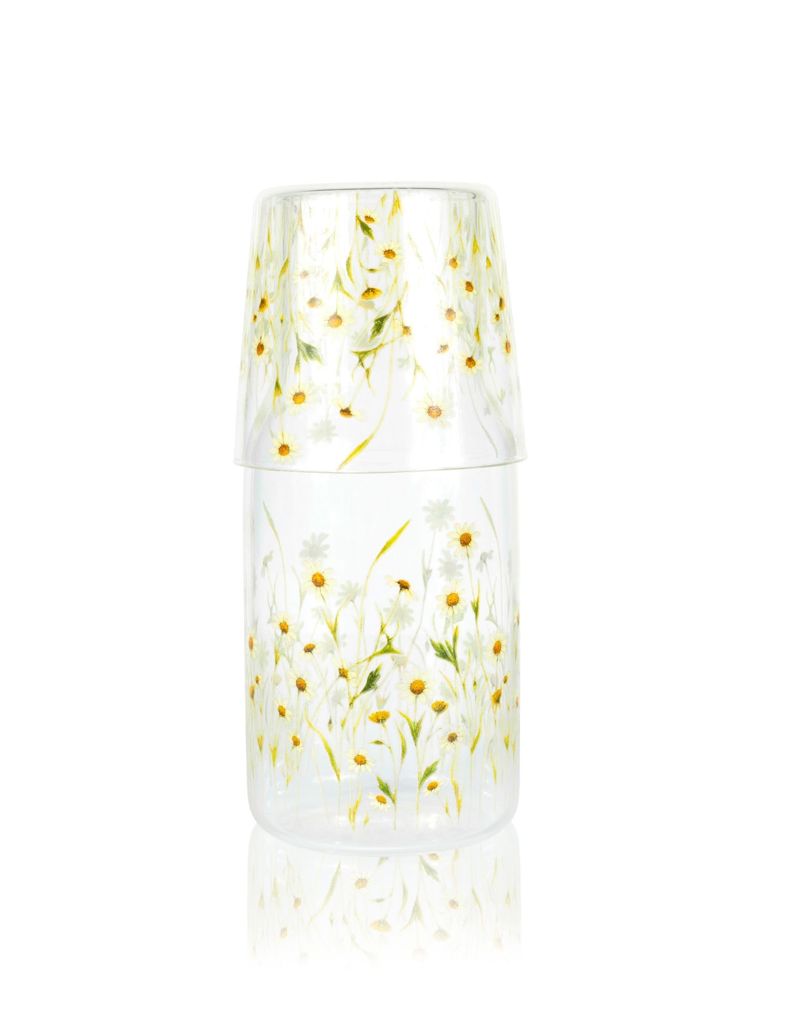 Curator Home Glass Water Carafe with Tumbler Lid | Decorative Printed Glass | Curator Home (Daisies)