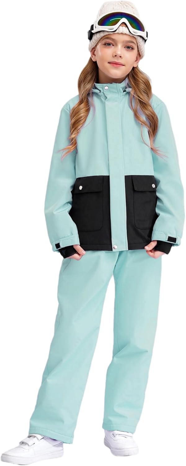 TiaoBug Kids Girls Snow Ski Jacket and Elastic Waistband Pant Set Winter Warm Hooded Snowsuits Outdoor Ski Suit