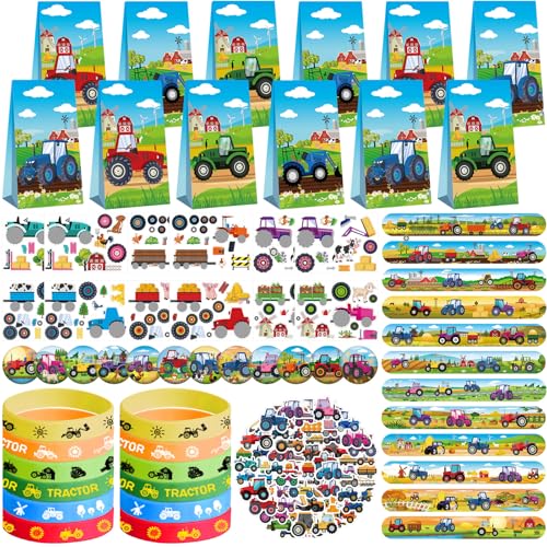 Lilwemen Tractor Party Favors - Farm Tractor Theme Birthday Party Supplies Decorations, Gift Bags, Slap Bracelets, Rubber Bracelets, Button Pin, DIY Stickers for Boys Girls Kids Party Favor