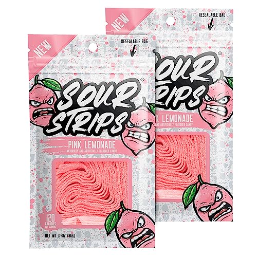 SOUR STRIPS Pink Lemonade Flavored Candy | Deliciously Chewy Belts Vegetarian Candies, 12 per Pack, 2 Pack