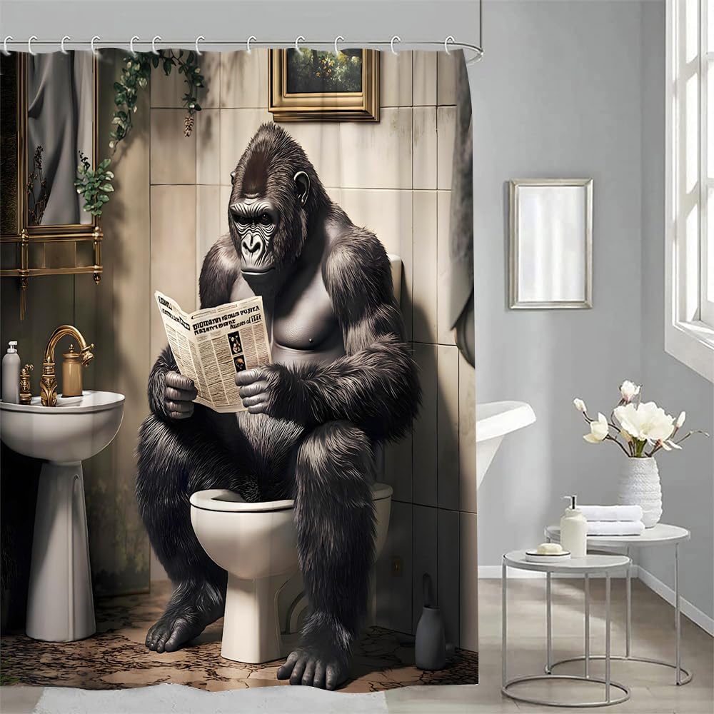 Gorilla Shower Curtain Funny Monkey Fun Gorilla Sitting on The Toilet Reading a Newspaper Wild Animal Bathroom Decor Curtains Set with Hooks, 70" W x 90" H