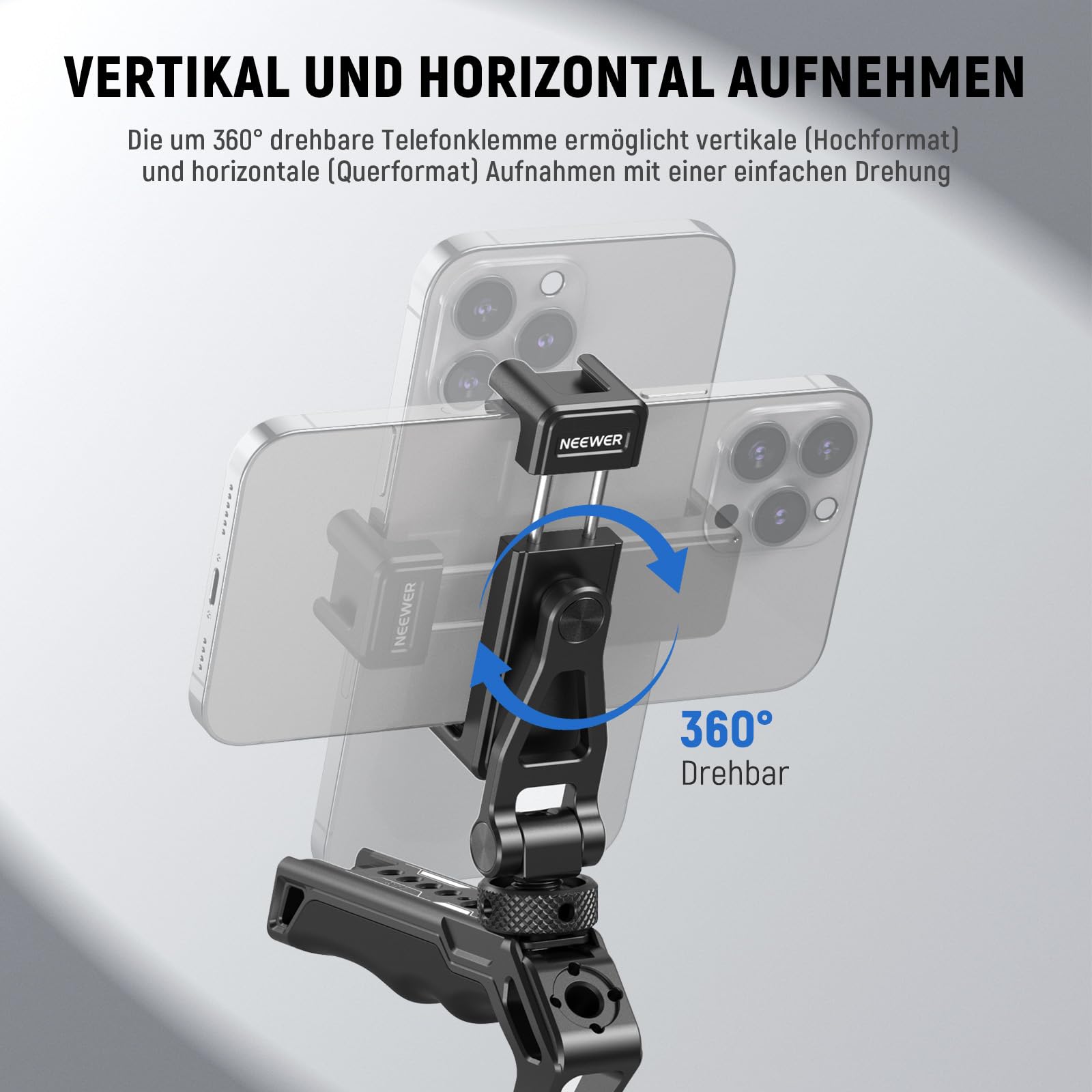 NEEWER Einstellbare Handy Stativhalterung mit 1/4" Gewinde 180°Neigung 360°Drehung Reinigungstuch Telefonklammerhalterung Kompatibel mit iPhone Samsung Android Kamerakäfig für Videoaufnahmen, GA010