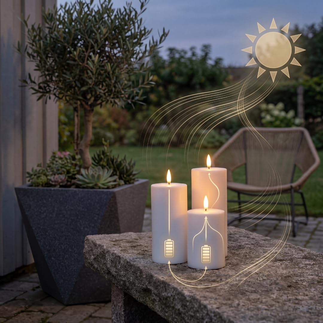 Solar LED Stumpenkerzen Outdoor 3er-Set – Flammenlose Kerzen mit Realistischer 3D-Flamme, IP44 Wetterfest, Versteckte Solarzellen, Bis zu 15h Leuchtdauer – 10/12,5/15 cm