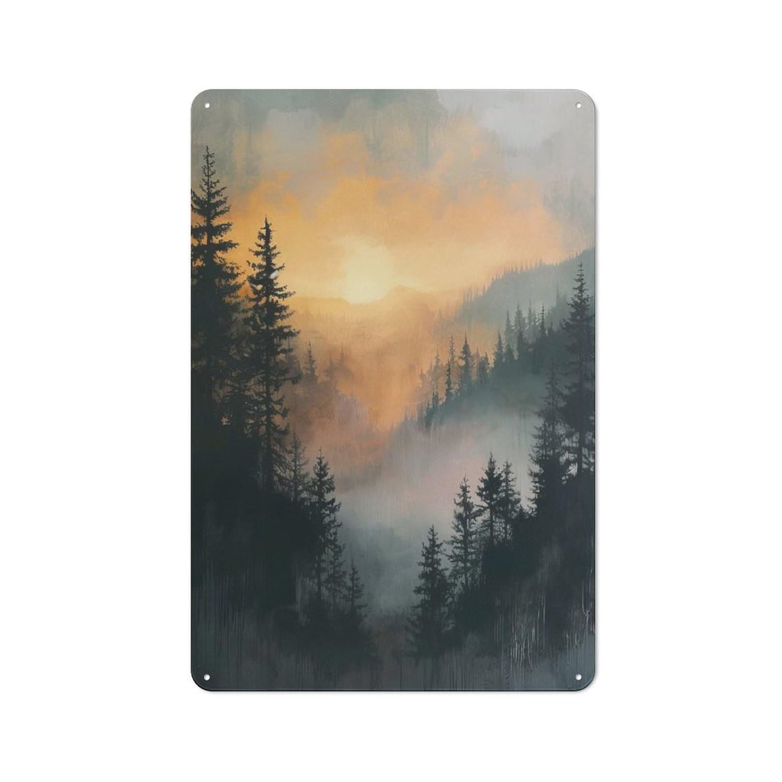 Junmoney Style-4 Misty Forest Sunset Rustic Metal Sign 30X20cm For Pub Or Café, For Collectors Of Rustic Metal Wall Decor