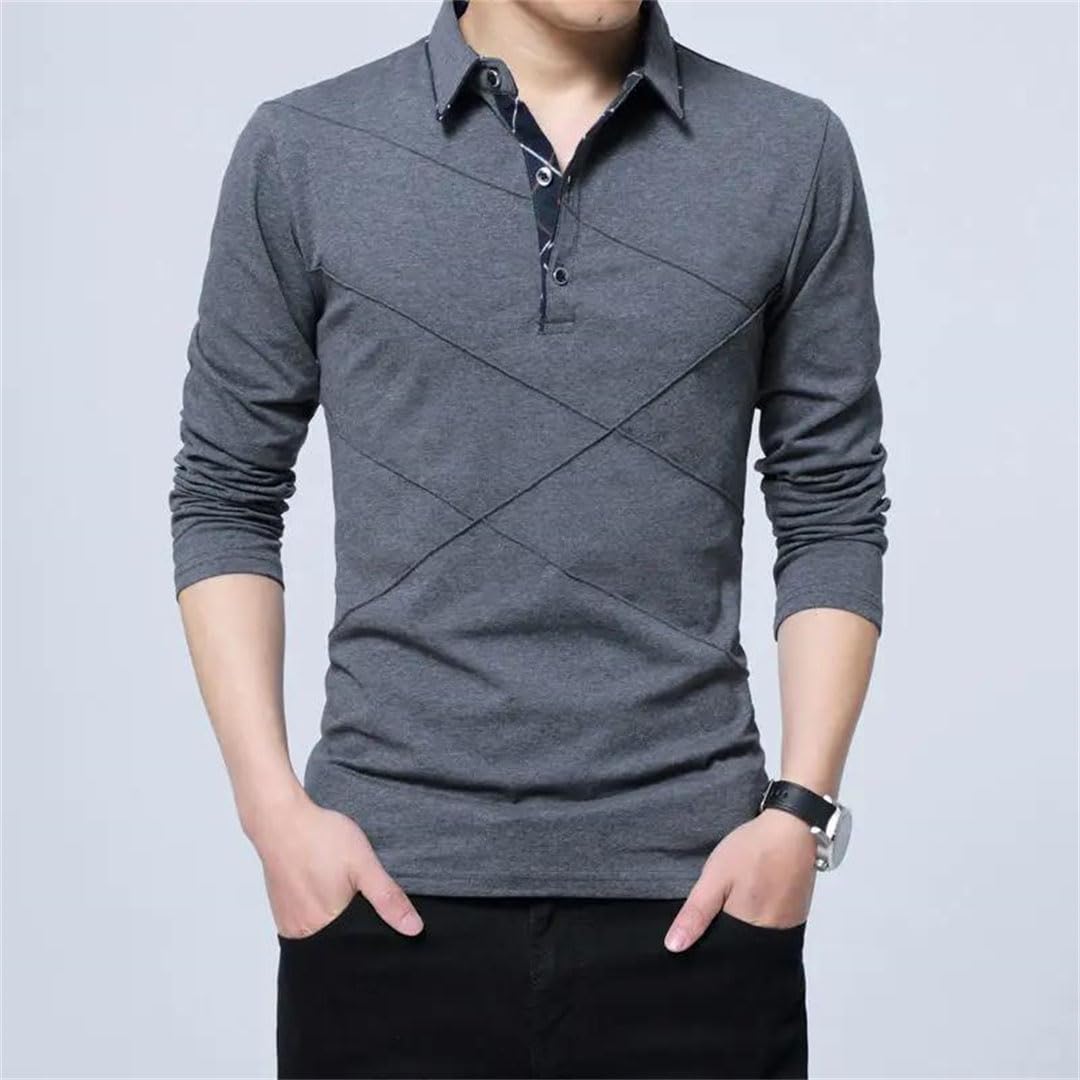 Polo de algodón sólido con solapa y botones para hombre, impresión de letras coreanas, camiseta de manga larga