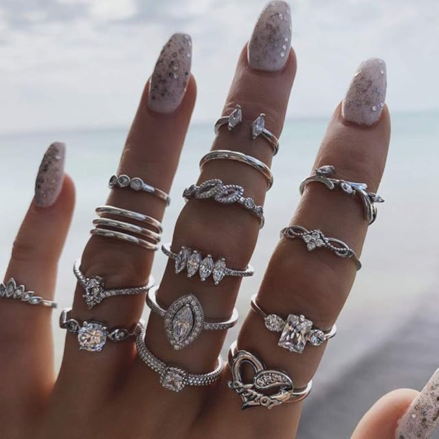 Aukmla Vintage Crystal Knuckle Rings Set Silver Heart Stackable Finger Rings Midi Size Joint Knuckle Ring Sets for Women and Girls 15PCS