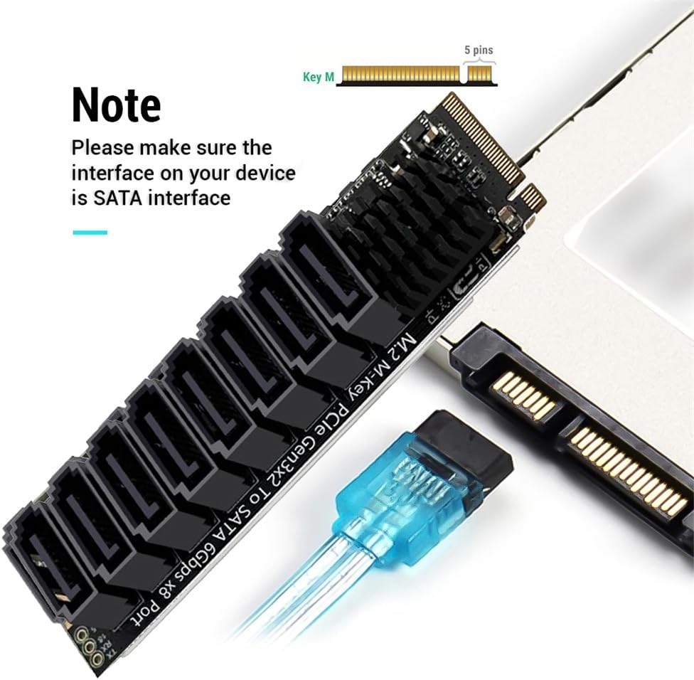 xiwai NGFF NVME M-Key PCI Express to SATA 3.0 8 Ports 6Gbps Adapter Converter Hard Drive Extension Card 2280