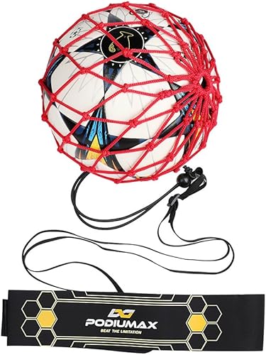 PodiuMax Entrenador de fútbol manos libres, nuevo diseño de red bloqueada con pelota, cinturón de cintura ajustable y cordón para todos los niveles