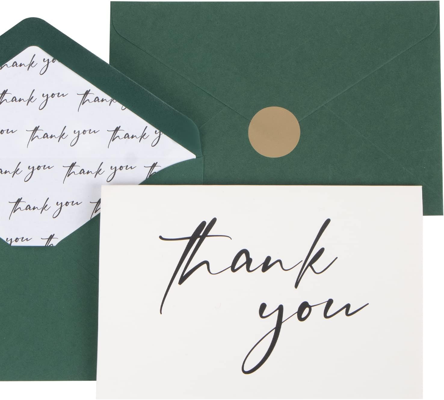AZAZA 50 PK Thank You Cards with Envelopes,Green Envelopes and Gold Stickers Thank You Notes,Minimalistic Thank You Cards Bulk with Envelopes for Weddings,Baby Shower,Graduation 4 * 6 IN