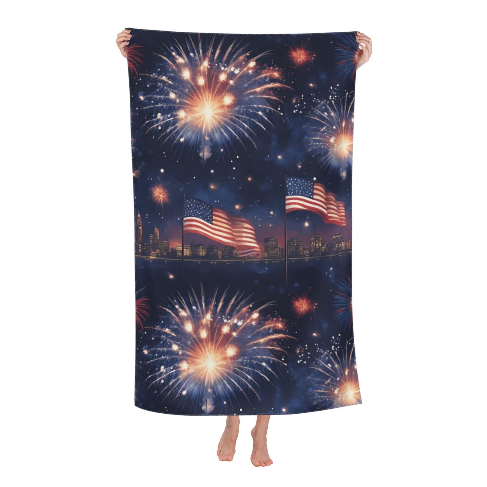 Pojknbv White American Flag Firework Print Oversized Adult Beach Towel Quick-Dry Comfortable Lightweight Travel Pool Camping