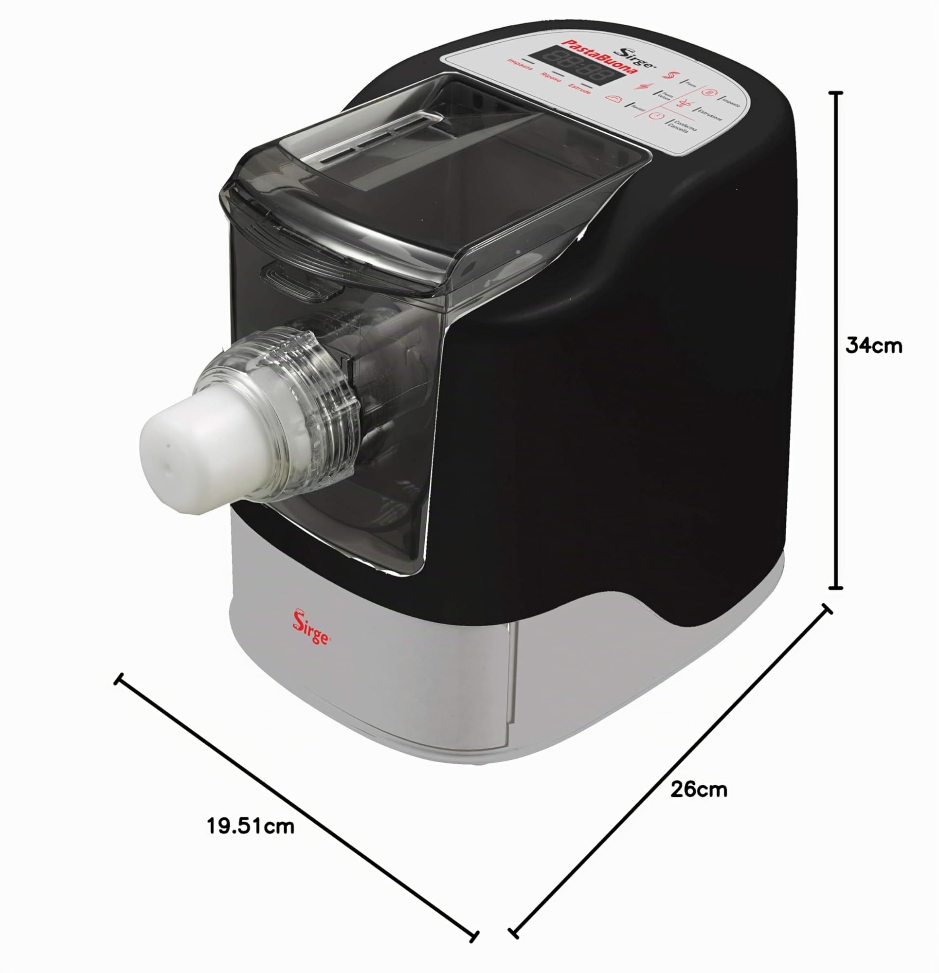 Sirge PastaBuona Machine à pâtes 260 W – 13 Trafile – jusqu'à 480 g de farine - PASTA ITALIANA – 4 programmes – Accessoires pour raviolons et kit de pain/pizza offert