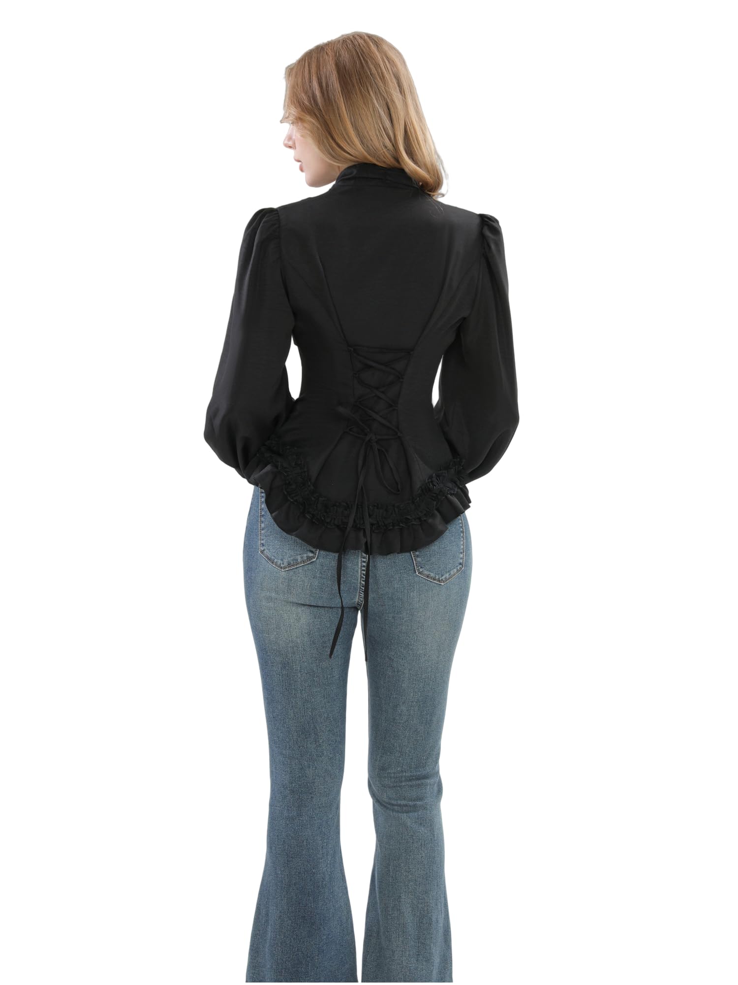 Camicetta vittoriana da donna con volant, a maniche lunghe, con lacci, stile gotico, colore nero