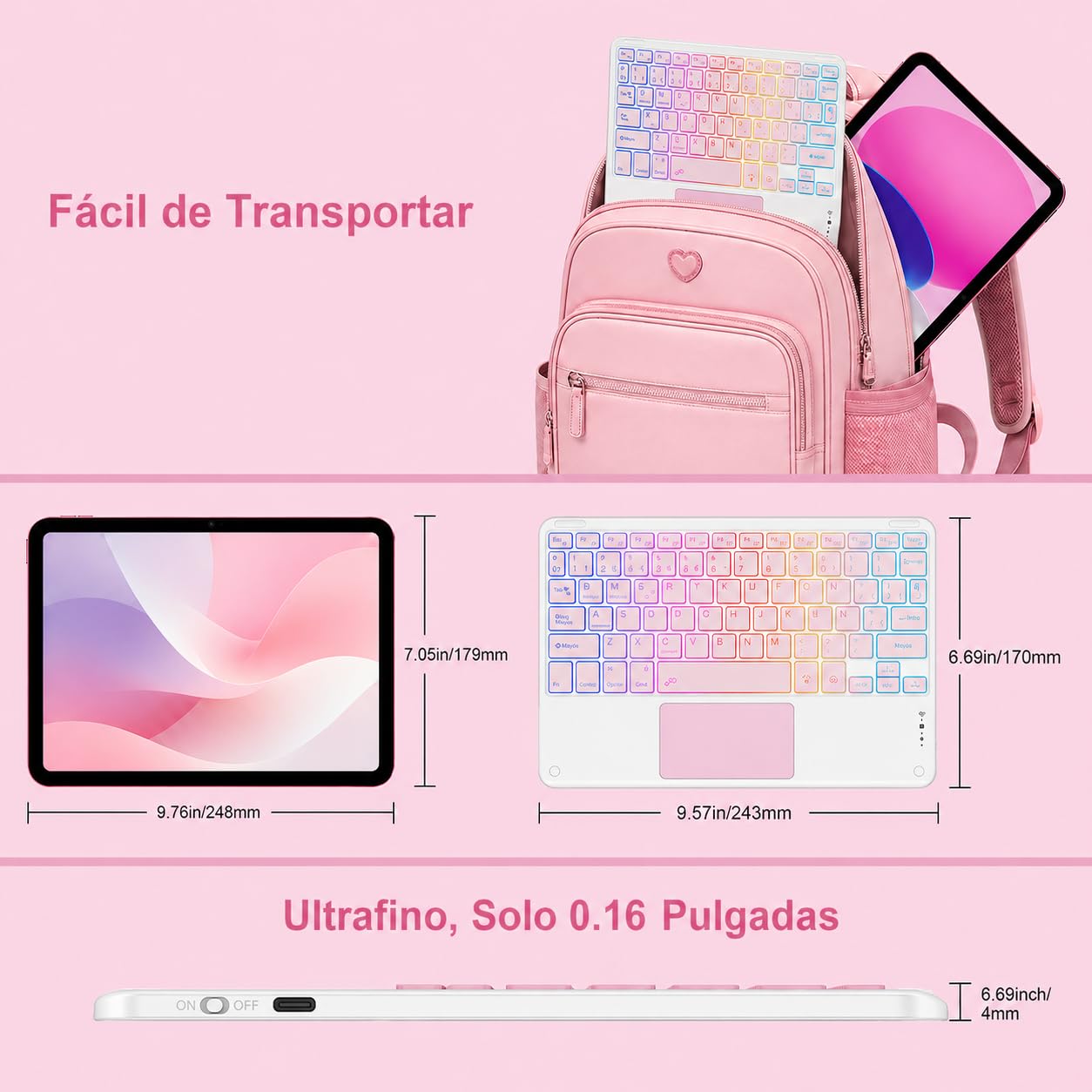 Teclado Bluetooth con Touchpad para iPad,Teclado Español Ñ Inalámbrico Retroiluminado para Tablets,Android,iOS y Windows,Teclado con 7 Colores Recargable Portátil QWERTY para iPad,Samsung,Huawei — view 8